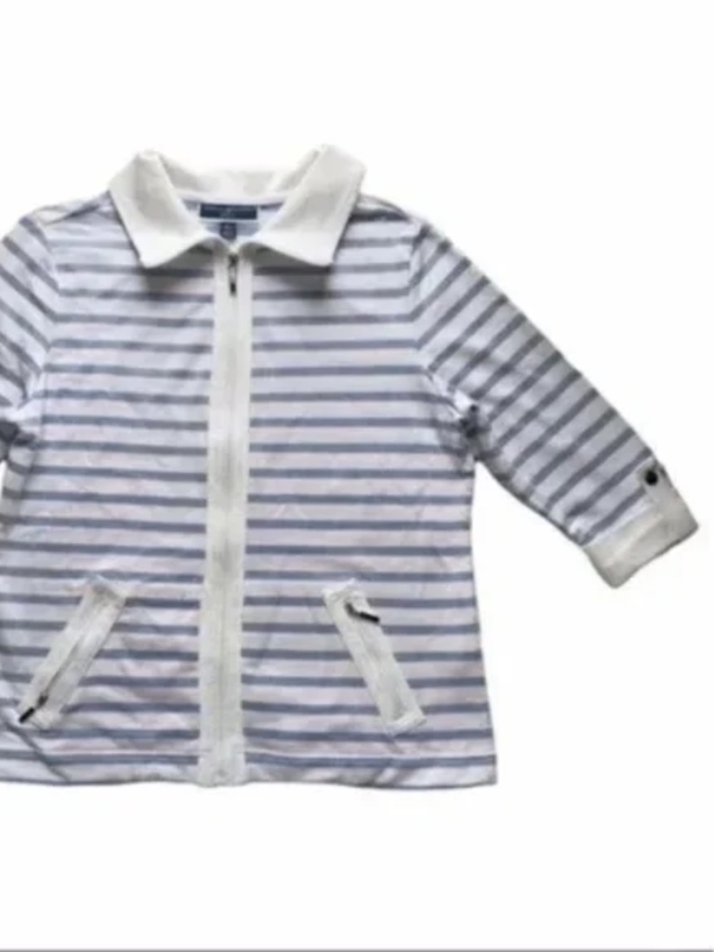 Karen Scott 3/4 Sleeve Light Blue Striped Full Zip Jacket